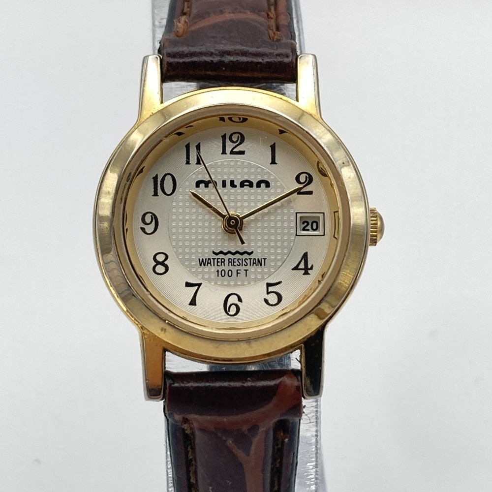 Vintage Milan Women's Watch 25mm Gold Tone Date Grid Dial New Battery SMALL 7.5"